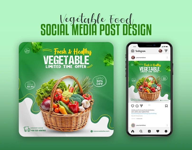 Vegetable promotion social media post design displayed beside a mobile preview